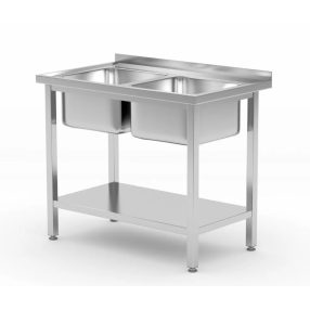   Budget Line rozsdamentes asztal 2 mosogató tállal és egy polccal – 600x600x(H)850mm - HENDI 817032
