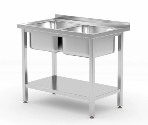 Budget Line rozsdamentes asztal 2 mosogató tállal és egy polccal – 600x600x(H)850mm - HENDI 817032