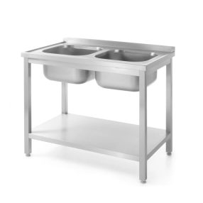   Dupla mosogatós rozsdamentes asztal polccal – Kitchen Line – 1000x600x(H)850mm - HENDI 811887