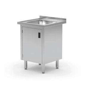   Rozsdamentes mosogatós asztal szekrénnyel – heggesztett – 2 MOSOGATÓTÁL – mélység 700 mm -Profi Line – 600x700x(H)850mm - HENDI 813546