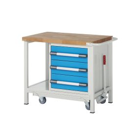   Mobil és leengedhető munkapad, zártszelvényes kivitel – eurokraft pro 3 fiók, polc