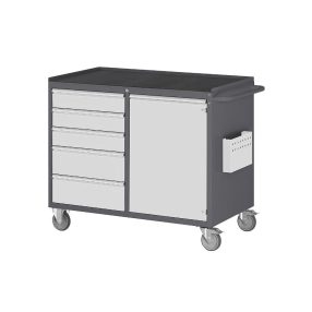   Kompakt munkapadok, mobil – RAU 5 fiók, 1 ajtó, fém tárolófelület gumiborítással
