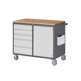   Kompakt munkapadok, mobil – RAU 5 fiók, 1 ajtó, fa munkafelületet