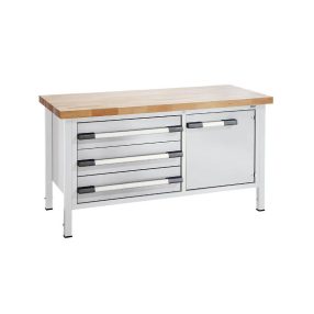   Állítható magasságú munkapad, zártszelvényes kivitel – eurokraft pro magasság 1500 mm, 3 db 180 mm-es fiók, 1 ajtó